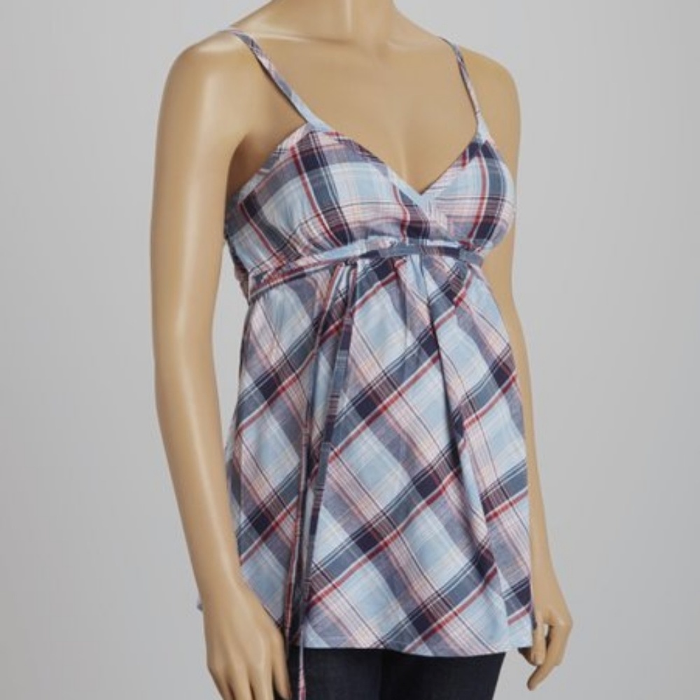 Blue/pink plaid maternity top